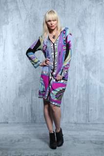Silk patterned dress including feather motif in white, purple, pink 