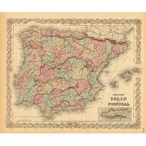    Colton 1881 Antique Map of Spain & Portugal: Office Products