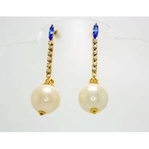   Blue Sapphire Stone and Cultured Pearl Ball Drop Earrings: Jewelry