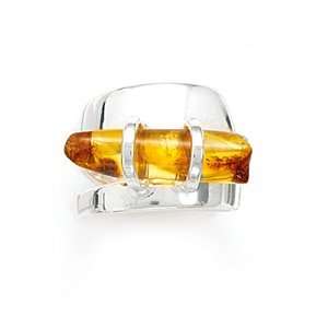 Sideways Amber Cylinder Polished Silver Ring Size Available 6,7,8,9,10 
