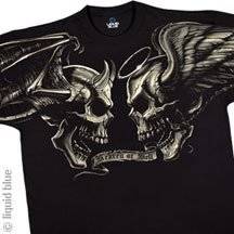 Good Vs. Evil, Angel and Devil Skull T Shirt, Liquid Blue Full Shirt 