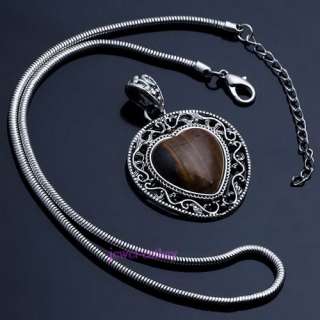 Brown Tiger Eye Heart carve bead pendant chain necklace  