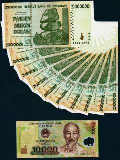 20 BILLION ZIMBABWE DOLLARS x 10 BANK NOTES + 10000 VIETNAM DONG 