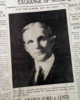 HENRY FORD $1,000,000 Lawsuit Trial 1919 Old Newspaper  