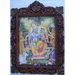  People Worshiping Radha Krishna pic in Wood Frame 