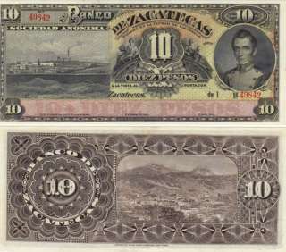 Mexico $ 10 Pesos Estado de Zacatecas 1891 1914 UNC.  