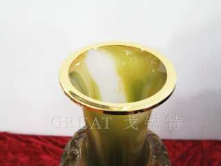 Chinese Antique Eagle Carved Green Gold plate Jade Vase  