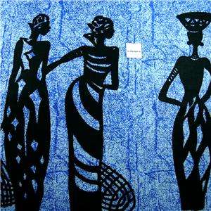   African Cotton Fabric Stately Silhouettes in Black on Blue, Per Yard