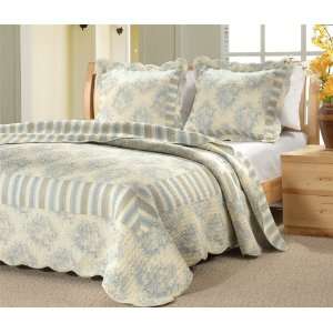  Country Floral Stripe Blue 3 Piece Bed Set (King): Home 