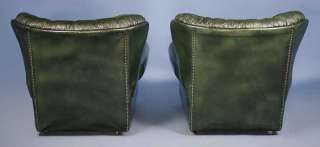 Antique Pair of Green Leather Tub Wing Back Arm Chairs Chesterfield 