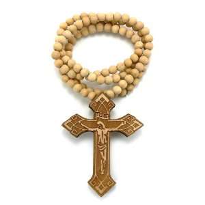 Natural Wooden Inri Cross With Jesus Pendant With a 36 Inch Beaded 
