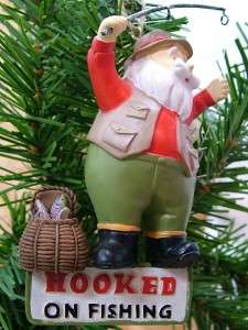 New Santa Hooked On Fishing Pole Creel Sign Ornament  