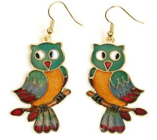 CLOISONNE EARRINGS GREEN OWL Chinese Filigree Jewelry  