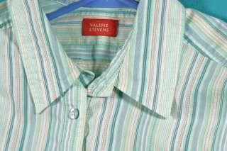 Valerie Stevens Size L 12 14 Green Yellow White Striped Cotton Shirt 