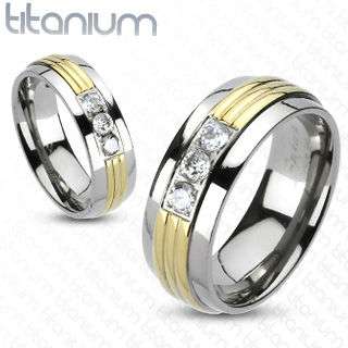 Titanium Gold Striped Triple CZ Ring Easy Fit Band  