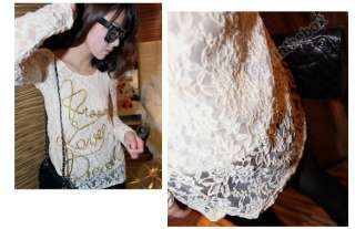 Lady Vintage Translucent Lace Puff Long Sleeve Golden Letter Design T 