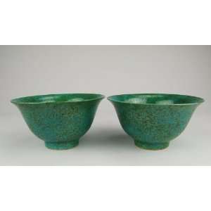  Pair Of Green Glaze Porcelain Tea Bowls With Flower and Phoenix 