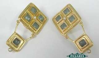 Stunning 14k Gold Pearl & Aquamarine Designer Earrings  