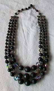 Vintage Black Gold & Aurora Borealis Bead Adjustable Necklace 3 Strand 
