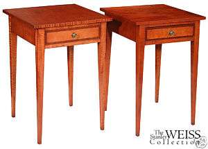SWC Pair of Solid Tiger Maple Side Tables, Wheeler  