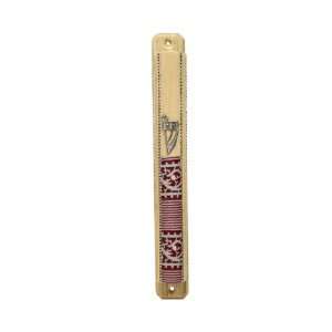 Wood Mezuzah with Hand Painted Red and Silver Stripes and Traditional 