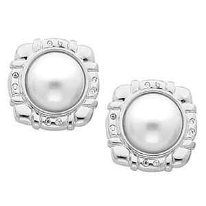  14K White Gold Mabe Pearl and Diamond Earrings: Jewelry