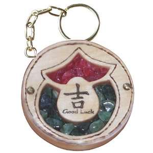   Gemstone and Wooden Amulet Good Luck Keychain In Jade 