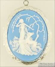 WBM lg. oval engraved locket, blue cameo, lady & tree  
