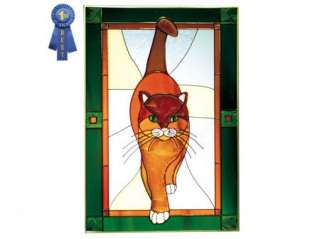 Orange Cat Art Glass Window Panel Hand Painted Tail Green Eyes V 582 