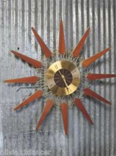 Vtg starburst atomic teak wall hanging clock USA mid century modern 