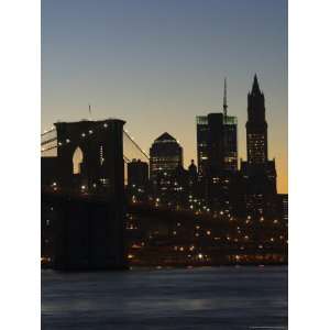Manhattan Skyline and Brooklyn Bridge at Dusk, New York City, New York 