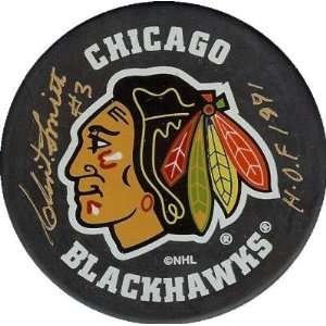  Clint Smith autographed Hockey Puck (Chicago Black Hawks 