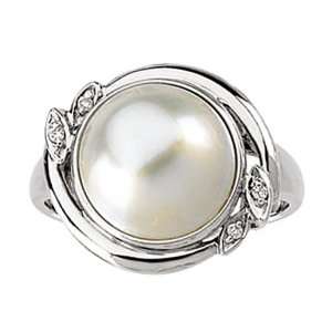  Ladies 14K White Gold Ring Mabe Pearl & Diamond Accents 