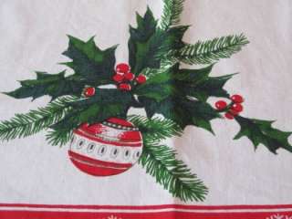 Vintage Cotton Christmas Tablecloth Large Shiny Brite Ornaments/Holly 