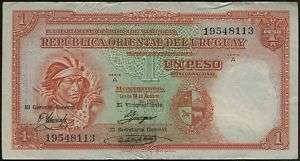 URUGUAY SCARCE BEAUTY 1 PESO INDIO ON NOTE 1935 3 SIGNS  
