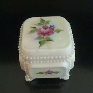  Westmoreland Glass Opal Victorian Trinket Box HP Roses 