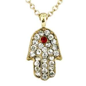  Goldtone Hamsa Pendant With Clear Stones Surrounding A Red 