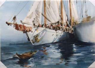 Doug Lew, Two Ships, Original Watercolor Artwork on Papper. Fantastic 