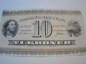 rare 1950s Denmark circulated 10 (TI) kroner banknote  