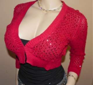 SIZZLIN HOT RED SEQUINED METALLIC CROPPED SHRUG BOLERO TOP ~ MED 