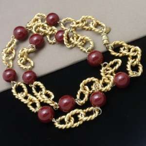 Rope Texture & Oxblood Red Beads Necklace Les Bernard Vintage  