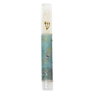  Plastic Mezuzah with Blue and Gold Floral Pattern and 