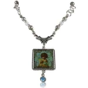   Charm Necklace on Linked Silver Chain with Blue & Ice Crystal Accents