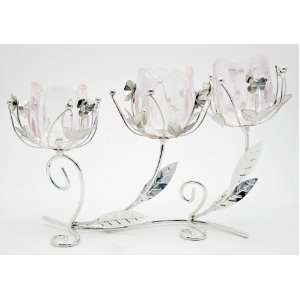  Three Rose Votive Silver Plated Candle Holders with Silver Leafs 