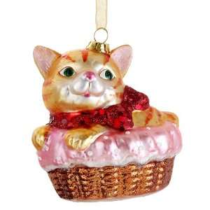  3.75 Glass Tabby Cat in Basket Ornament Gold Copper (Pack 