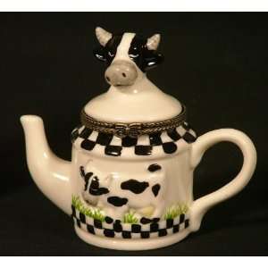    Black & White Cow Teapot Hinged Trinket Box phb