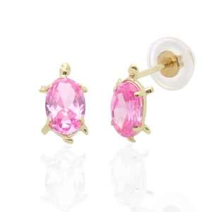   CZ Turtle Yellow Gold Earring W/ Safety Back For Kids & Teens: Jewelry