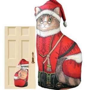  Tabby Santa Cat Cotton Fabric Screened Weighted Doorstop, 14 tall 