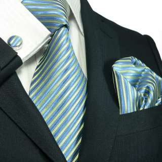 Landisun 80G Blue Green Stripes Mens Silk Tie Set Tie+Hanky+Cufflinks 