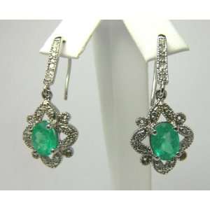   Antique Inspired Oval Colombian Emerald & Diamond Dangle Earrings